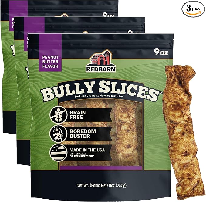 Redbarn Pet Products All-Natural Rawhide Bully Slices - Peanut Butter Flavor - Premium Grain-Free Beef Hide Treats High Protein Low Fat for Chewers - 9 oz Bag (Pack of 3)