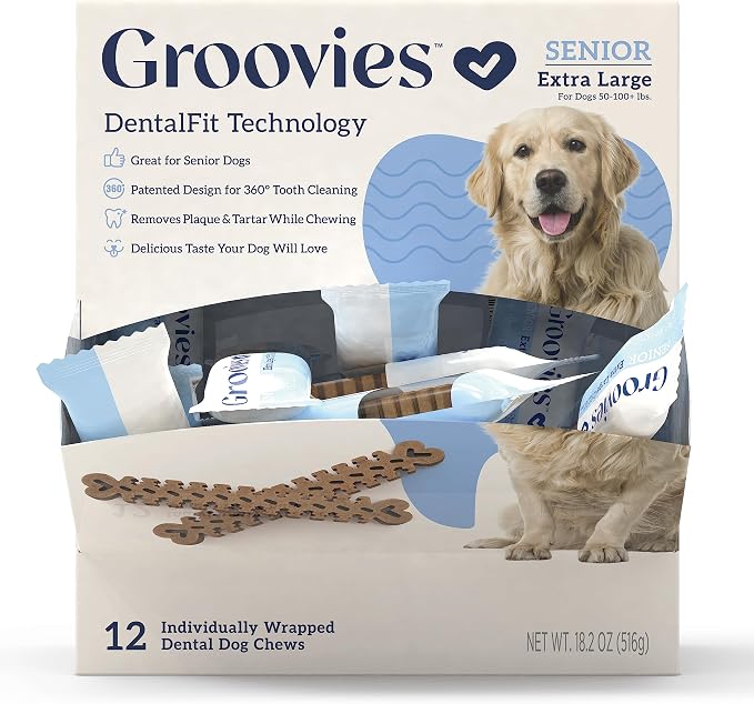 Groovies Senior & Gentle Chewers Dog Dental Treats, Flexible Texture, Patented Technology to Help Control Tartar & Freshen Breath, XLarge Dog Chews (50-100+ lbs), USA Manufactured Oral Care, 12 Count