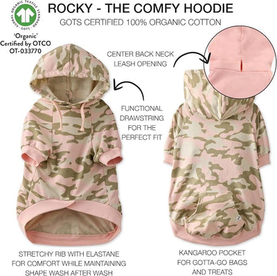 Pet Passion Rocky – The Original Lightweight Hooded Tee 100% Organic Cotton Dog Hoodie Pet Coat Sweater for All Sized Dogs, Original Pink Camo, XXX-Small (up to 5lbs)