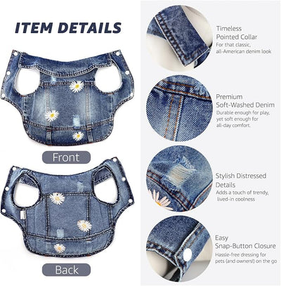 Dog Denim Jacket with Embroidered Daisy, Ripped Vintage Jean Vest for Small Dogs, Pugs, Chihuahuas, Spring Summer Fall Festival Outfit, Large (Fits Chest 15-16")