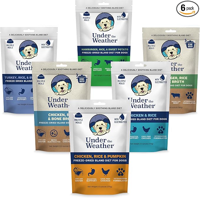 Under the Weather Bland Diet for Dogs | Easy to Digest for Sick Dogs | Always Be Ready | Contains Electrolytes - All Natural Freeze Dried 100% Human Grade Meats | 6 Pack - Multiflavor - 6oz