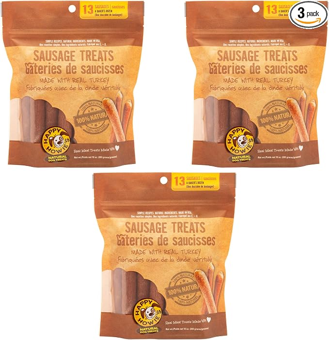 Happy Howie's Sausage Treats - Healthy Dog Treats, Flavorful, Slow Cooked, Natural Ingredients, Chewy, Hormone Free - Turkey, (Pack of 3)