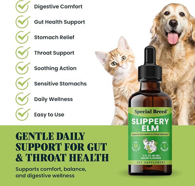 Slippery Elm for Dogs and Cats - Soothing Digestive Relief and Gut Support - Stomach Comfort and Throat Support - Herbal Drops for Pets - Easy to Use - Bacon Flavored - 2 fl oz