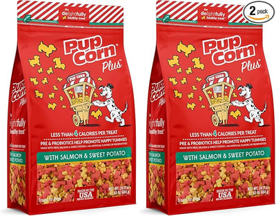 Pup Corn Plus - Puffed Dog Treats with Prebiotics and Probiotics - Salmon & Sweet Potato (24oz) - Made in USA (Pack of 2)
