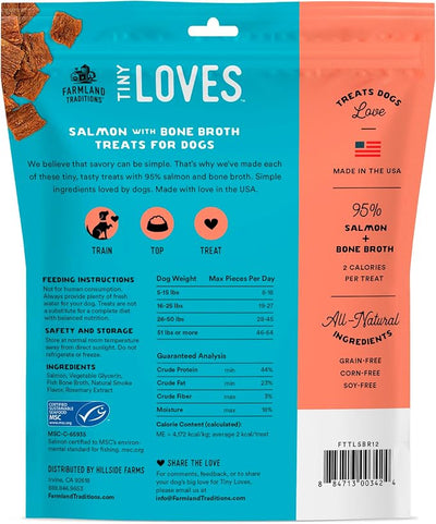 Farmland Traditions Tiny Loves Jerky Trainer Treats for Dogs w/Bone Broth (Salmon, 12 oz.)