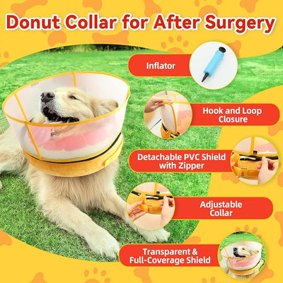 Upgraded Inflatable Dog Cone Collar with Transparent Anti-Licking Shield, Adjustable Elizabethan Collar for Medium Large Dogs, 2-in-1 Design with Detachable Shield and Soft Padding (M+, Grapefruit)