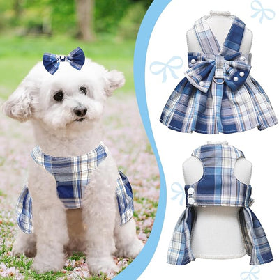 Dog Dress Bowknot Harness Leash Set for Small Dogs Girl Cute Plaid Dog Dress Pearls Bow Tie Spring Summer Princess Clothes Birthday Holiday Doggie Outfits for Puppy Cats Girl Apparel (Blue, X-Large)