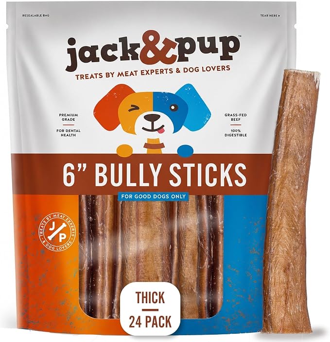 Jack&Pup 6 Inch Thick Bully Sticks for Dogs (24 Pack) Bully Stick Dog Chews, Single Ingredient 100% Beef Bully Sticks for Medium and Large Dogs