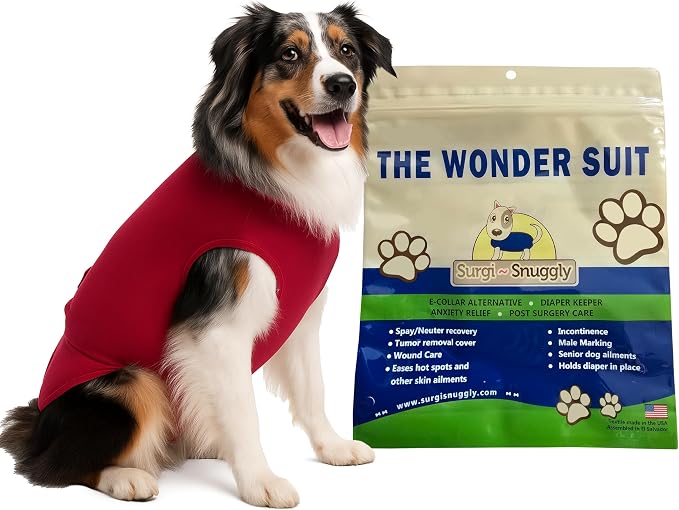 SurgiSnuggly Veterinary Invented Dog Surgical Recovery Suit for Female Spay or Male Dogs Neuters,Cone Alternative, Original Dog Onesie Bodysuit for After Surgery Small, Medium, Large Dogs Red M EC