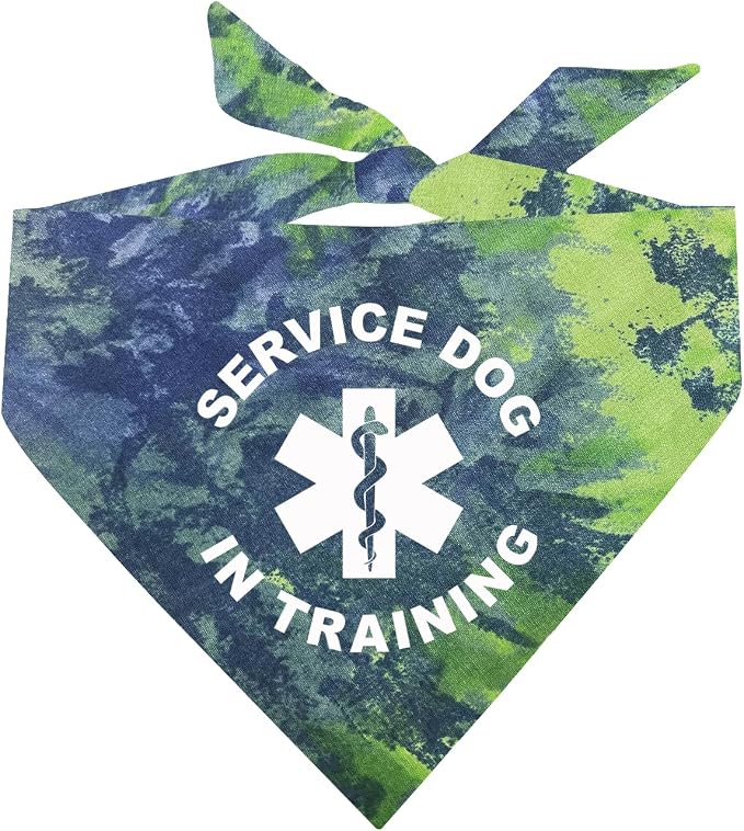 Service Dog in Training Dog Bandana | 100% Cotton Tie Dye Triangle |Service Dog | Working Animal | Assistance | One Size | Green/Blue Scrunch (289)