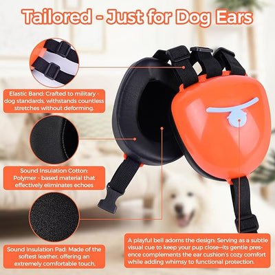 New Dog Ear Muffs for Noise Protection - 30dB NRR Dog Headphones, Noise Cancelling Hearing Protection Against Thunder/Fireworks/Vacuums, Upgraded Design with Bell Accent (Orange, X-Large)