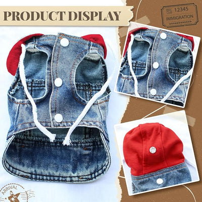 Cool Dog Jean Jacket Vest with D-Ring Blue Denim Dogs Hoodies Outfits for Small Medium Dogs Cats Boy Male Dog Clothes Costume Dogggie Puppy Harness Coat for Frenchie Walking(Red Hat,XL)