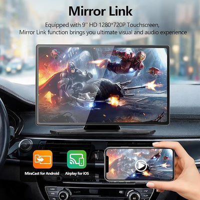 9" Carplay Screen for Car, Wireless Portable Carplay Screen for Apple Car Play & Android Auto, OTA Updates, Backup Camera, Bluetooth 5.0, Mirror Link, Voice Control, GPS Navigation, FM