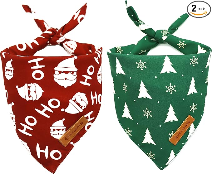 Realeaf Christmas Dog Bandanas 2 Pack, Christmas Tree and Santa Claus Dog Scarf for Boy and Girl, Premium Durable Fabric, Holiday Bandana for Small Medium Large and Extra Large Dogs (X-Large)