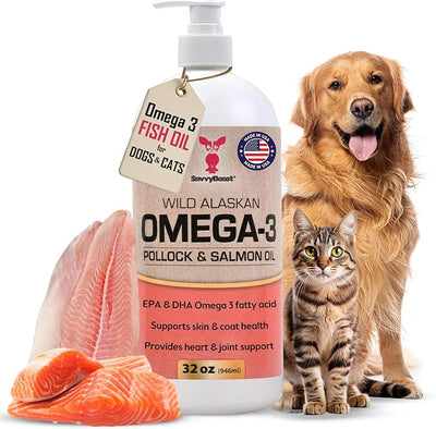 SavvyBeast Pollock & Salmon Oil for Dogs & Cats - Omega 3 Fish Oil Supplement with EPA & DHA - All-Natural Wild Caught Oil Supports Skin & Coat, Joint, Heart & Immune Health - Made in USA - 32 oz