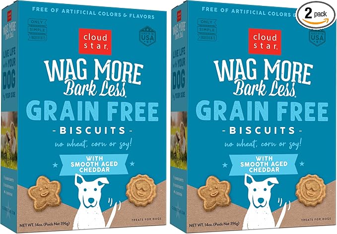 Cloud Star Wag More Bark Less Crunchy Grain Free Dog Treats, Cheddar Cheese, 14 oz. Box (Pack of 2)