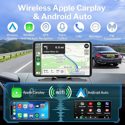 Wireless Apple Carplay Screen for Car, 7" HD Portable Car Stereo Touch Screen with Apple CarPlay & Android Auto with Backup Camera/Mirror Link/Siri/Bluetooth/Voice Control/Navigation/AUX for All Cars