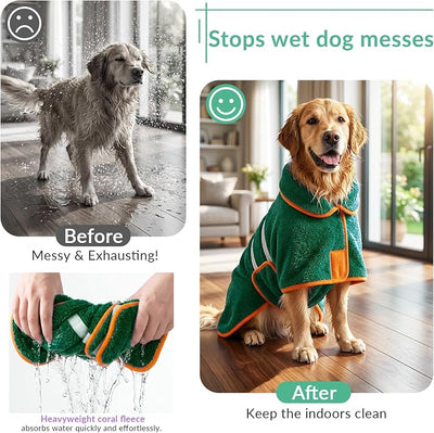 Bienbee Dog Bathrobe, Quick Drying Super Absorbent Pet Robes for Small Medium Large Dogs, Drying Coat for After Bath & Swim, Warm & Cozy Dogs Towels, Dog Puppy Bath Supplies, Green XXL