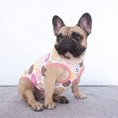 iChoue 100% Breathable Cotton French Bulldog Halloween Cartoon T Shirts Cute Clothes for Medium Dogs Vest Tank Tops Frenchie English Boston Terrier Pitbull Donuts - Large Plus