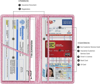 TOURSUIT Car Registration and Insurance Card Holder, Vehicle License Document Glove Box Compartment Organizer, Interior Car Accessories for Women Men (Glitter Pink)