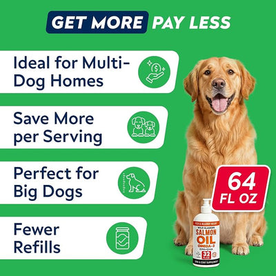 StrellaLab 64 OZ Salmon Oil for Dogs - Omega 3 for Dogs & Cats, Itch & Allergy Relief, Wild Alaskan Salmon Oil Dogs Skin & Coat, Dog Fish Oil Liquid, Shedding Supplement EPA & DHA Fatty Acids - 2Packs