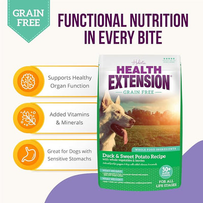 Health Extension Grain Free Duck & Sweet Potato Dry Dog Food - 30+ Superfoods and Probiotics for All Life Stages (10 lb)