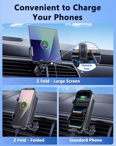 Z Fold 7 Car Mount, Car Vent Phone Holder for Foldable Phones | More Effortless & Secure Clamping, Convenient to Charge, Air Vent No Blockage, Compatible for Z Fold Pixel Fold iPhone