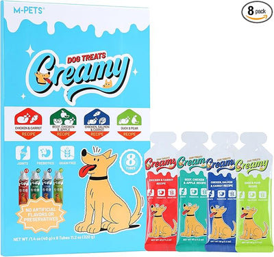 Creamy Lickable Dog Treats, 4 Flavor Variety Pack, 8 Tubes Squeeze Up Soft Dog Snacks for Puppies & Seniors, Reward Training or Food Topper,Low-Calorie Grain Free Puree for Joint & Digestive Health