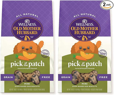 Old Mother Hubbard Wellness Classic Grain Free Pick of the Patch Dog Biscuits, Natural Training Treats, Pumpkin and Carrot Flavor, Mini Size. 16 oz Bag (Pack of 2)