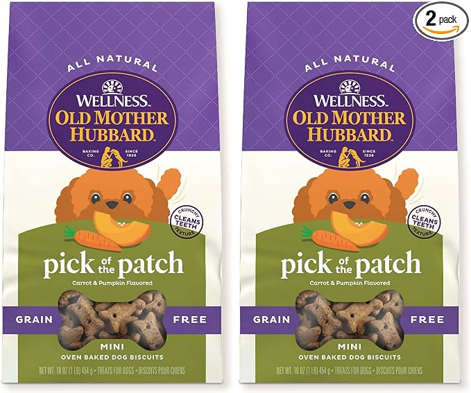 Old Mother Hubbard Wellness Classic Grain Free Pick of the Patch Dog Biscuits, Natural Training Treats, Pumpkin and Carrot Flavor, Mini Size. 16 oz Bag (Pack of 2)