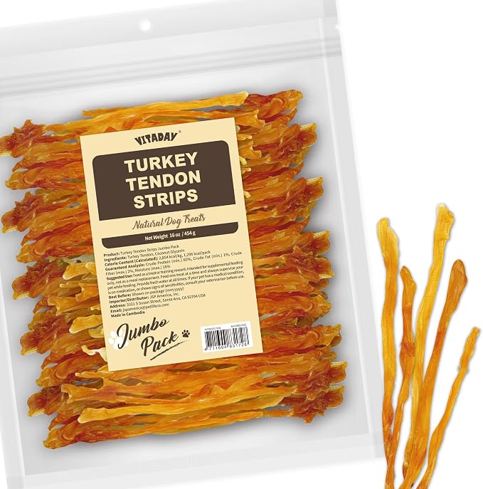 VITADAY All Natural Turkey Tendon Dog Treats, Strips, 1 lb | Long-lasting dog training treats, rawhide-free, made of USA-sourced premium turkey tendons