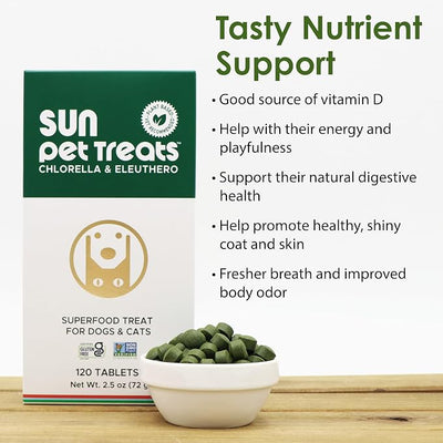 Sun Chlorella Sun Pet Treats Green Superfood Cat & Dog Supplement - Chlorophyll Eleuthero & Lecithin, Minerals, Antioxidants & Vitamins for Dogs & Cats - Immune Defense, Skin & Gut Health - 120 Bites