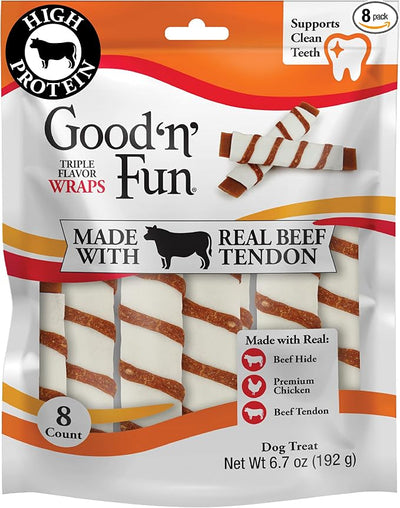 GOOD 'N' FUN Triple Flavor Wraps with Beef Tendon Chews, High-Protein Dog Treat for All Adult Dogs, Made with Real Beef Hide, Chicken & Beef Tendon, 8 Count