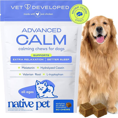 Native Pet Advanced Calming Chews for Dogs - Anxiety Relief, Stress, Separation, Travel & Sleep Support with Melatonin for Dogs, Hydrolyzed Casein, Valerian Root & L-Tryptophan -60 Chews