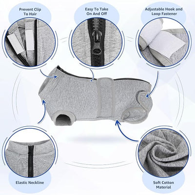 Lukovee Recovery Suit for Dogs, Zipper On Recovery Suit for Female Male Dog, Onesie Abdominal Wounds Cone E-Collar Alternative (S,GY)