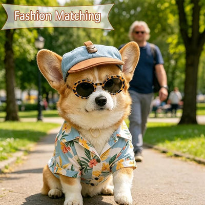 2 Pcs Pet Baseball Cap and Sunglasses, Dog Sun Hat with Ear Holes, Summer Adjustable Buckle Visor Caps for Cats, Small Medium Dogs (Brown, Small)