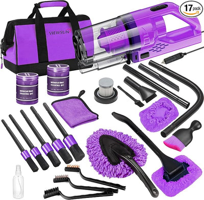 17PCS Car Cleaning Kit, Purple Car Interior Detailing Kit with High Power Handheld Vacuum, Detailing Brush Set, Windshield Cleaner, Cleaning Gel, Complete Auto Accessories for Women Gift
