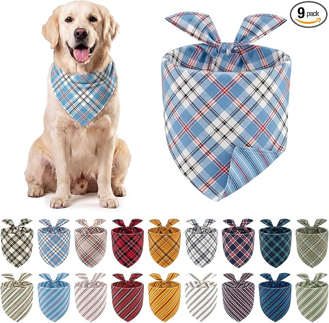 Weewooday 9 Pack Reversible Large Dog Bandanas Dual Sided Buffalo Plaid Striped Dog Triangle Bibs Washable Adjustable Pet Scarf Handkerchief Puppy Bandana for Small Medium Cats Boy Girl Daily Birthday