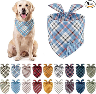 Weewooday 9 Pack Reversible Large Dog Bandanas Dual Sided Buffalo Plaid Striped Dog Triangle Bibs Washable Adjustable Pet Scarf Handkerchief Puppy Bandana for Small Medium Cats Boy Girl Daily Birthday