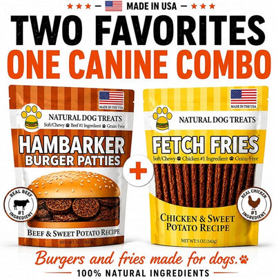 Burgers & Fries for Dogs, Beef & Sweet Potato Hambarker Patties + Chicken & Sweet Potato, Made in USA, Natural Ingredients, Grain-Free, High-Protein (Canine Combo, 2 × 5oz)
