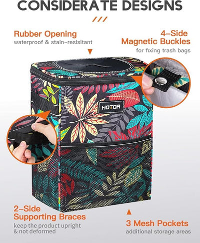 HOTOR Car Trash Can with Lid and Storage Pockets - 100% Leak-Proof Organizer, Waterproof Garbage Can, Multipurpose Trash Bin for Car, 2 Gallons, Autumn Leaves