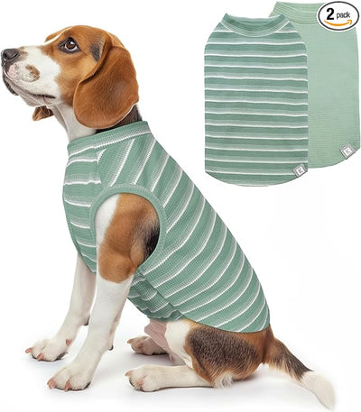 KYEESE 2Pack Waffle Dog Shirts, Lightweight Sleeveless Dog T Shirts for Medium Large Dogs Boy Girl, Breathable Pet Vest Comfortable Tank Top Soft Dogs Clothes for Daily Wear, Green+Striped, 2XL