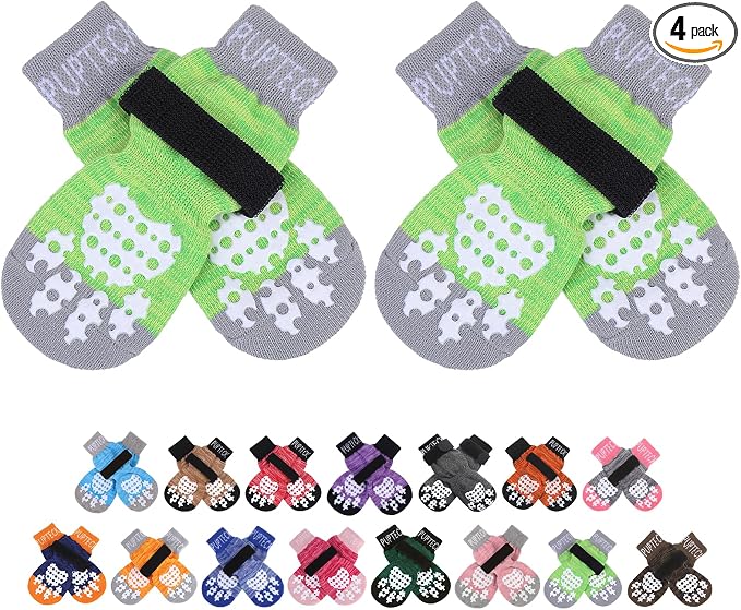PUPTECK Anti-Slip Dog Socks with Double Sides Grips for Small Medium Large Dogs Hardwood Floors Prevents Licking, Dog Shoes for Hot Pavement Traction Control for Senior Dogs, Fluorescent Green, XL
