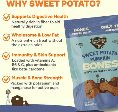 Gaines Family Farmstead Pumpkin & Sweet Potato Dog Bones – 6 oz Bag, Natural, Grain-Free Dog Treats for Digestive Health & Immunity – High-Fiber, Vitamin-Rich Chews, Made in USA