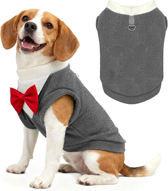 Cute Dog Fleece Sweater with D-Ring, Fall Winter Dog Clothes Tuxedo Costume with Bowtie, Soft Puppy Sweatshirt Corgi Bulldog Apparel Dachshund Outfits for Small Medium Large Dogs(Grey,6XL)