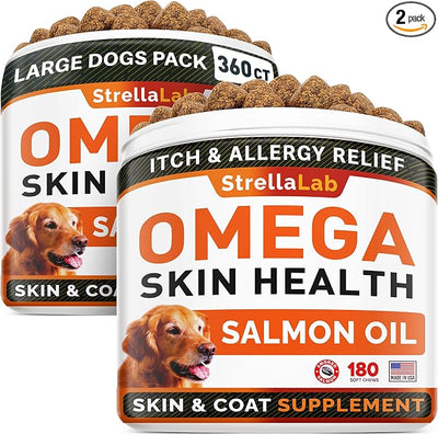 STRELLALAB Omega 3 for Dogs - (360Ct) Fish Oil Treats - Allergy & Itch Relief Skin & Coat Supplement - Dry Itchy Skin, Anti Shedding & Hot Spots Treatment - Pet Salmon Oil Chews - Smoked Salmon