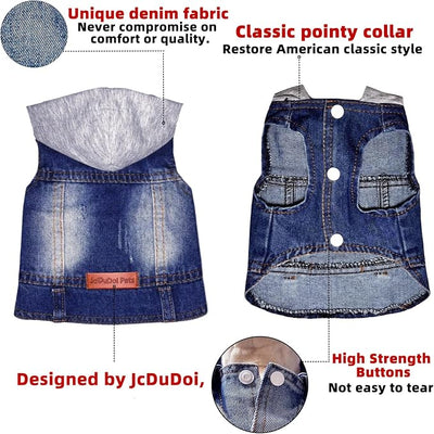 Dog Jeans Jacket with Hooded Denim Pet Coat for Puppy Small Dogs Classic Overalls Male Cat Costumes Washed Vest Clothes Outfit T-Shirts(Hoodie Medium)