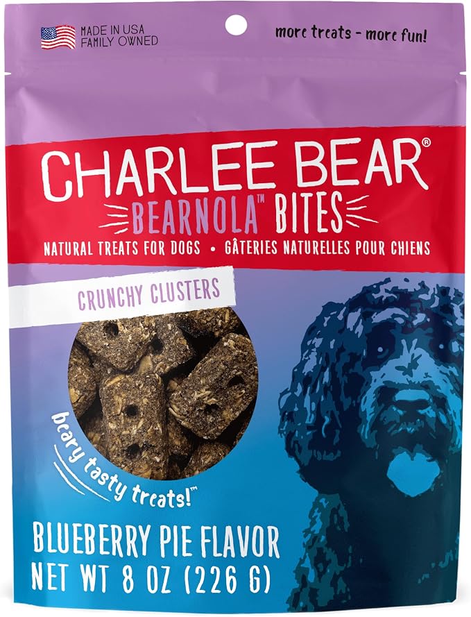 Charlee Bear Bearnola Bites Crunchy Dog Treats, Blueberry Pie, 8 Ounce Resealable Bag, Limited Ingredient, Natural, Healthy Granola Dog Snacks, Made in USA