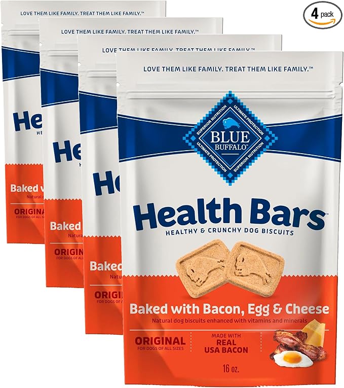 Blue Buffalo Health Bars Bacon, Egg & Cheese Crunchy Dog Biscuits, Oven-Baked with Real Bacon & Natural Ingredients, Healthy Dog Treats with No Artificial Flavors or Preservatives, 16 oz. (Pack of 4)