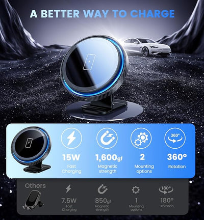 Magnetic Wireless Car Charger Mount, 15W Fast Charging Car Phone Holer for iPhone 17 16 15 14 13 12 Pro Max N52 Magnets,360°Rotation Dashboard/Vent Phone Holder Compatible with Magnetic Case